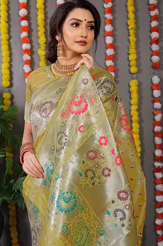 Mustard banarasi silk blend saree with multicolor floral zari weaving