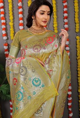 Mustard banarasi silk blend saree with multicolor floral zari weaving 4