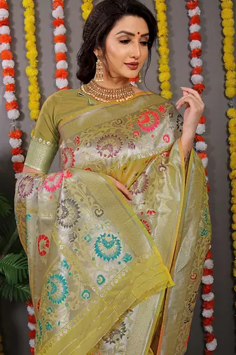 Mustard banarasi silk blend saree with multicolor floral zari weaving
