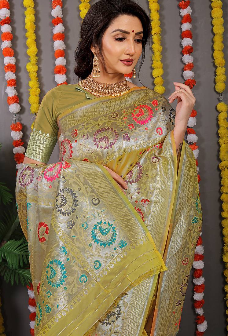 Mustard banarasi silk blend saree with multicolor floral zari weaving
