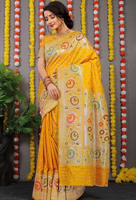 Yellow banarasi silk blend saree with multicolor floral zari weaving 1