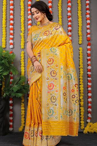 Yellow banarasi silk blend saree with multicolor floral zari weaving