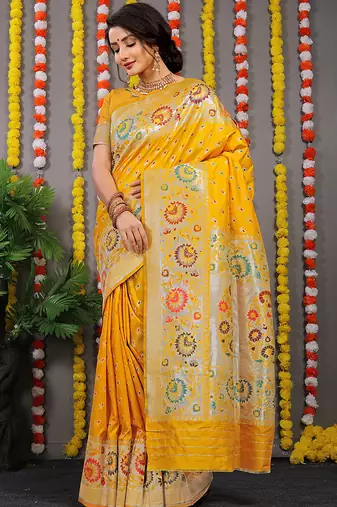 Yellow banarasi silk blend saree with multicolor floral zari weaving