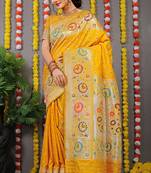 Yellow banarasi silk blend saree with multicolor floral zari weaving