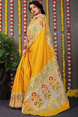 Yellow banarasi silk blend saree with multicolor floral zari weaving 2