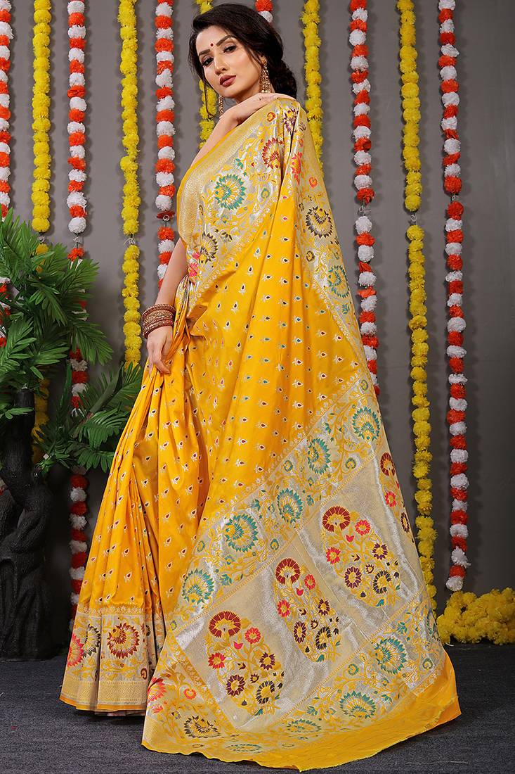Yellow banarasi silk blend saree with multicolor floral zari weaving