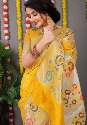 Yellow banarasi silk blend saree with multicolor floral zari weaving 3