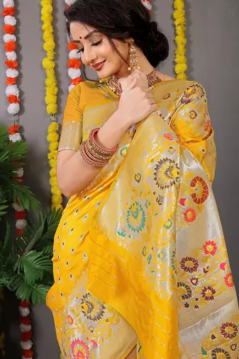 Yellow banarasi silk blend saree with multicolor floral zari weaving
