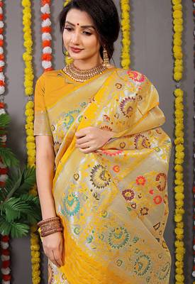 Yellow banarasi silk blend saree with multicolor floral zari weaving 4