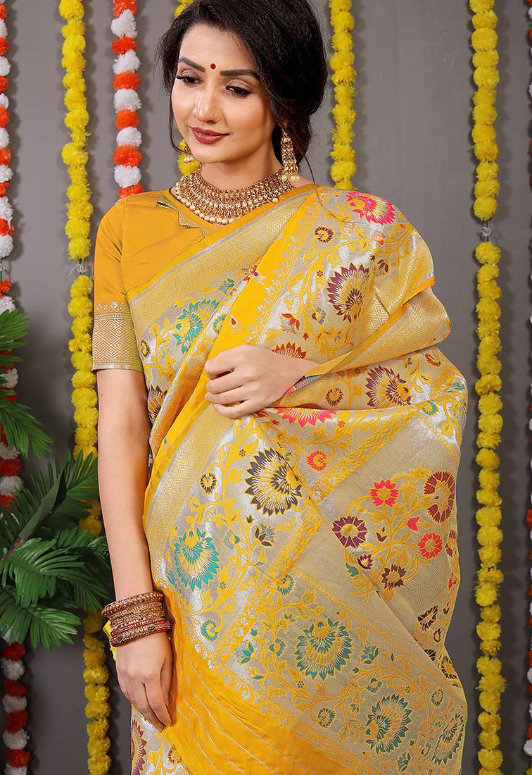 Yellow banarasi silk blend saree with multicolor floral zari weaving