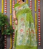 Parrot green banarasi silk blend saree with multicolor floral zari weaving
