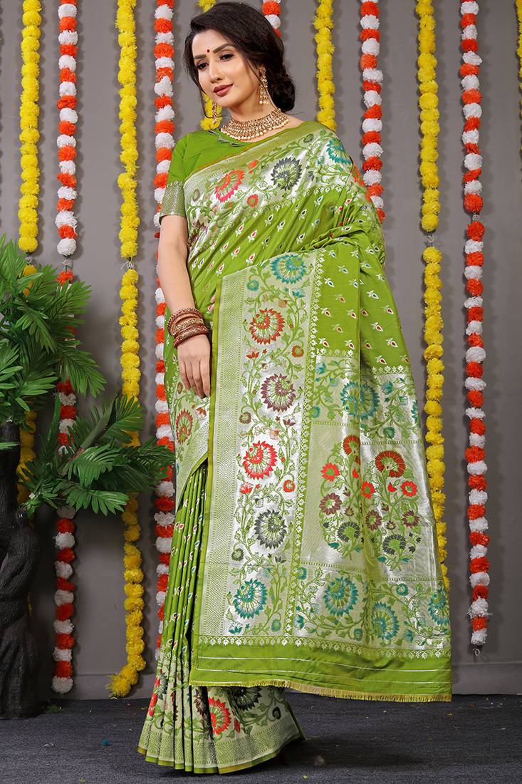 Parrot green banarasi silk blend saree with multicolor floral zari weaving