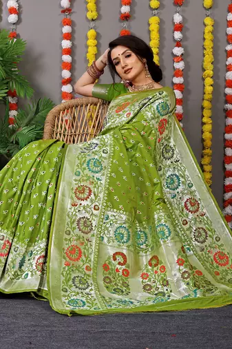 Parrot green banarasi silk blend saree with multicolor floral zari weaving
