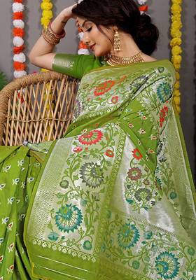 Parrot green banarasi silk blend saree with multicolor floral zari weaving 3