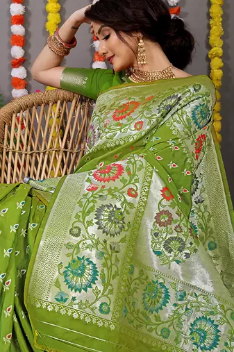 Parrot green banarasi silk blend saree with multicolor floral zari weaving