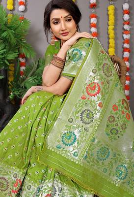 Parrot green banarasi silk blend saree with multicolor floral zari weaving 4