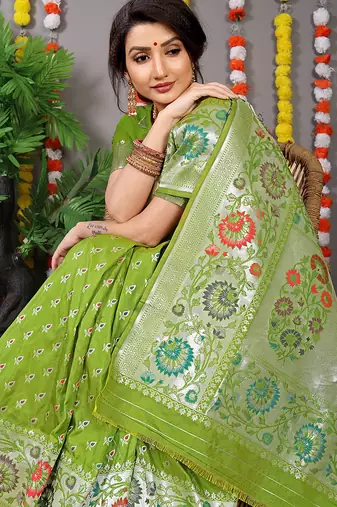 Parrot green banarasi silk blend saree with multicolor floral zari weaving