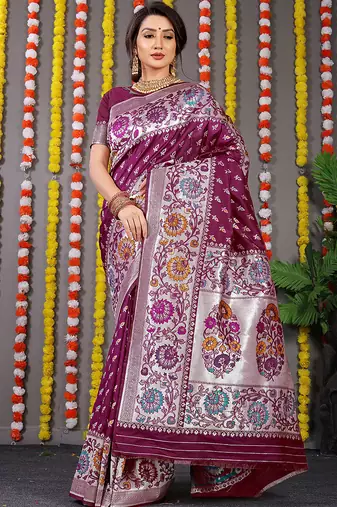 Wine banarasi silk blend saree with multicolor floral zari weaving