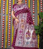 Wine banarasi silk blend saree with multicolor floral zari weaving