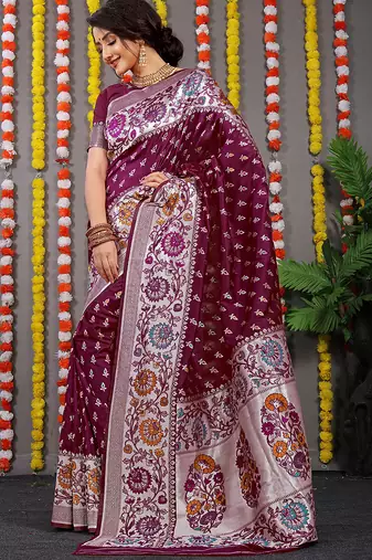 Wine banarasi silk blend saree with multicolor floral zari weaving