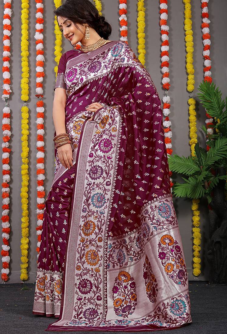 Wine banarasi silk blend saree with multicolor floral zari weaving