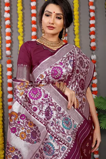 Wine banarasi silk blend saree with multicolor floral zari weaving