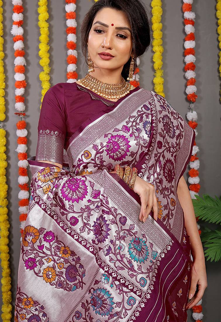 Wine banarasi silk blend saree with multicolor floral zari weaving