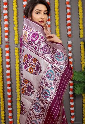 Wine banarasi silk blend saree with multicolor floral zari weaving 4