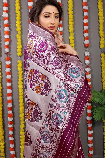 Wine banarasi silk blend saree with multicolor floral zari weaving