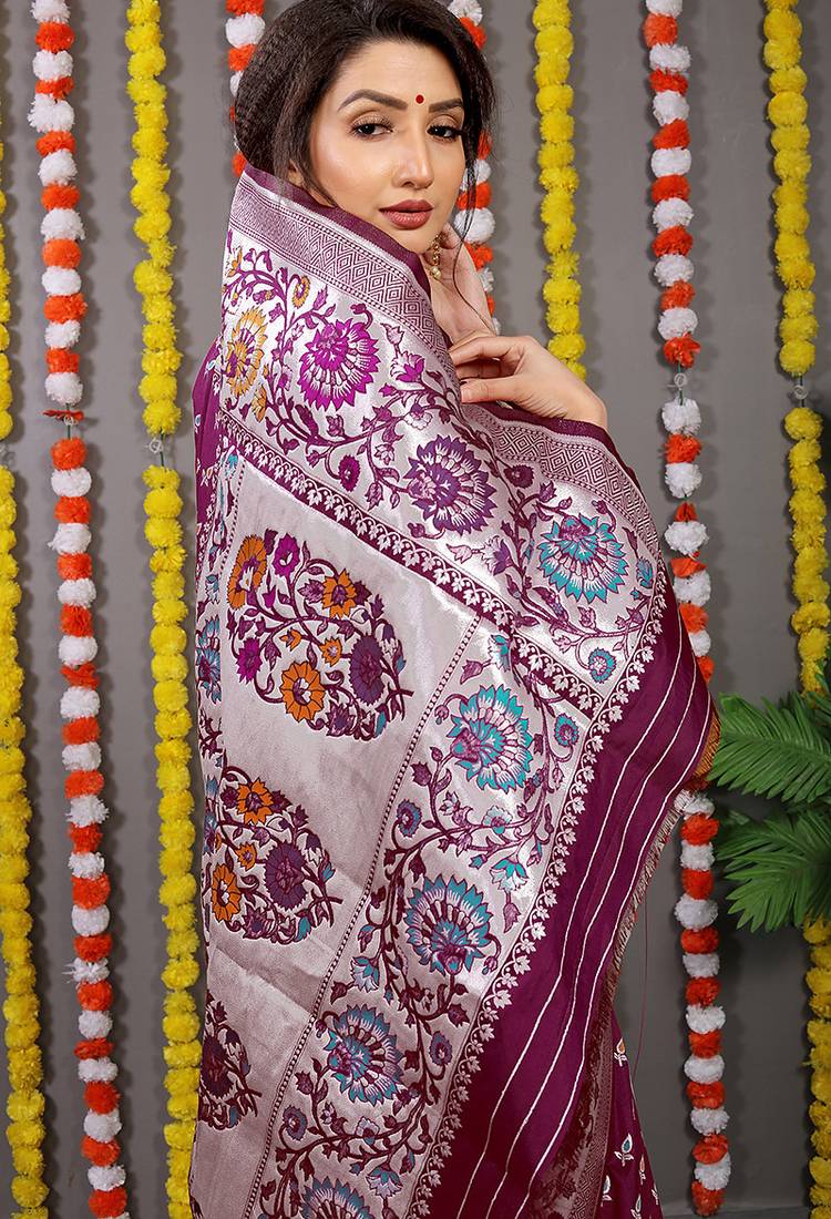 Wine banarasi silk blend saree with multicolor floral zari weaving