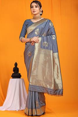 Slate grey banarasi silk blend saree with gold zari border & floral buta weaving 1