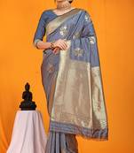 Slate grey banarasi silk blend saree with gold zari border & floral buta weaving