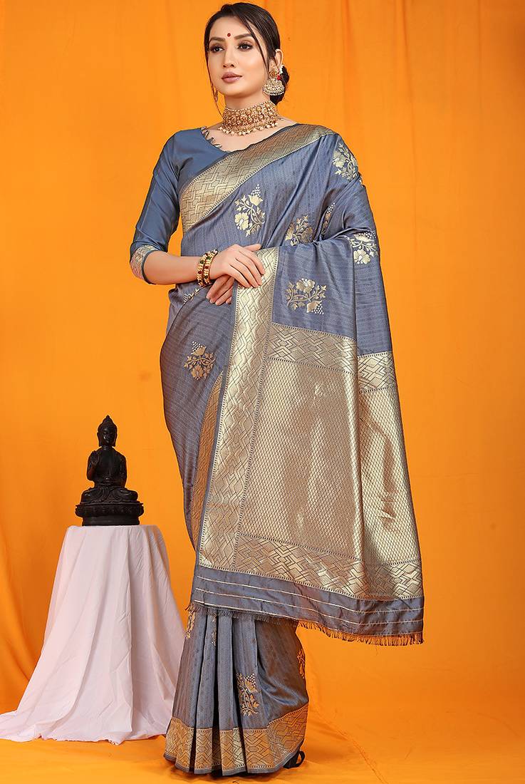 Slate grey banarasi silk blend saree with gold zari border & floral buta weaving