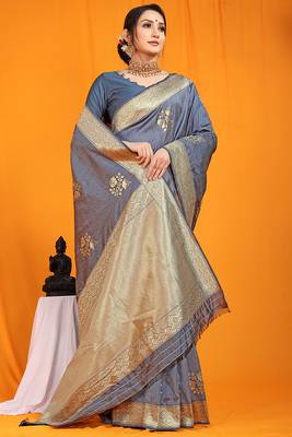 Slate grey banarasi silk blend saree with gold zari border & floral buta weaving 2