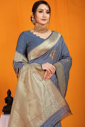 Slate grey banarasi silk blend saree with gold zari border & floral buta weaving