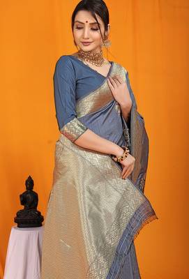 Slate grey banarasi silk blend saree with gold zari border & floral buta weaving 4