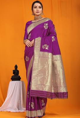 Purple banarasi silk blend saree with gold zari border & floral buta weaving 1