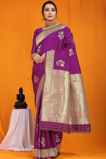Purple banarasi silk blend saree with gold zari border & floral buta weaving
