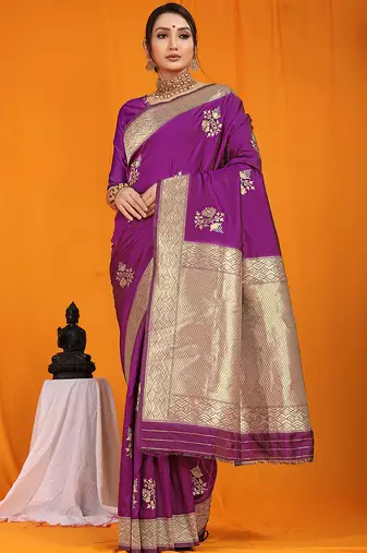 Purple banarasi silk blend saree with gold zari border & floral buta weaving