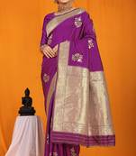 Purple banarasi silk blend saree with gold zari border & floral buta weaving