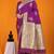 Purple banarasi silk blend saree with gold zari border & floral buta weaving
