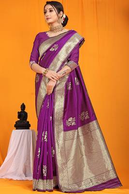 Purple banarasi silk blend saree with gold zari border & floral buta weaving 2