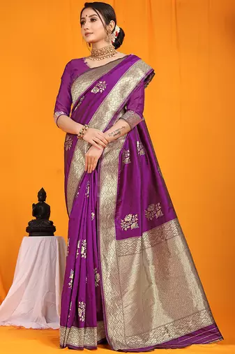 Purple banarasi silk blend saree with gold zari border & floral buta weaving