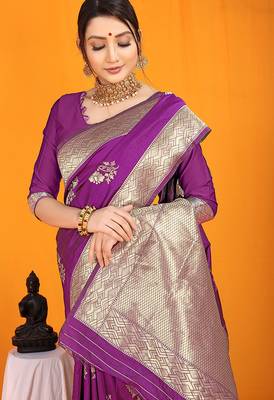 Purple banarasi silk blend saree with gold zari border & floral buta weaving 3