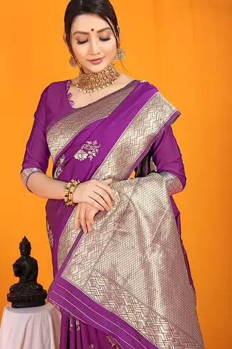 Purple banarasi silk blend saree with gold zari border & floral buta weaving