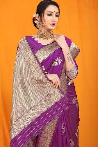 Purple banarasi silk blend saree with gold zari border & floral buta weaving