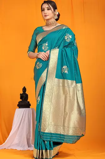 Teal banarasi silk blend saree with gold zari border & floral buta weaving