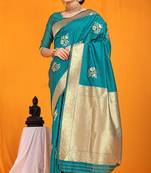 Teal banarasi silk blend saree with gold zari border & floral buta weaving