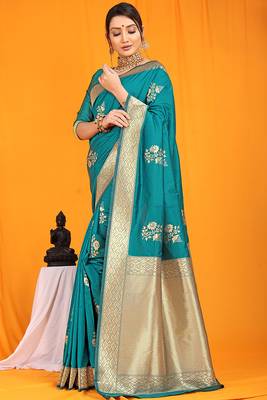 Teal banarasi silk blend saree with gold zari border & floral buta weaving 2