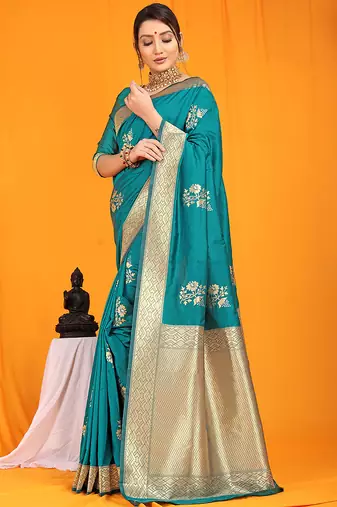Teal banarasi silk blend saree with gold zari border & floral buta weaving